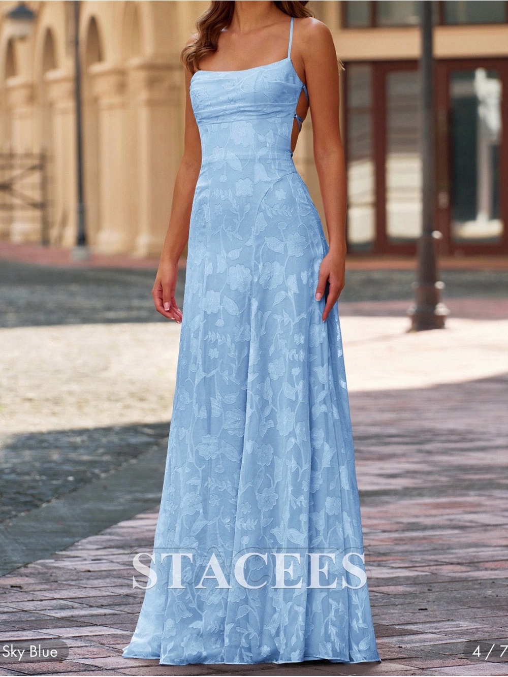 Stacee Sky Blue Spaghetti Strap Floral Lace Evening Dress. Brand new.